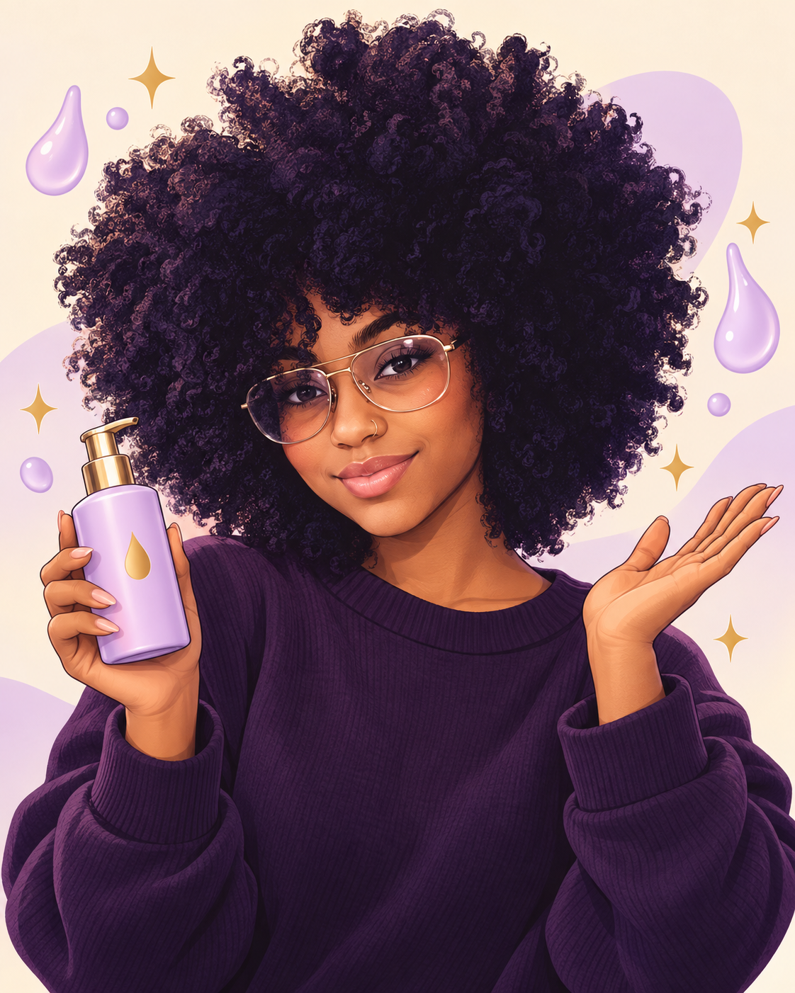 Kadey, your illustrated skincare guide, with purple curls and glasses